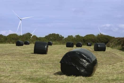 some black bales in front of windmills