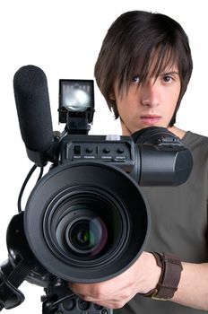 Professional cameraman, isolated on white background