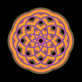 An abstract fractal illustration in a mandala shape that is done in orange, purple, and green.