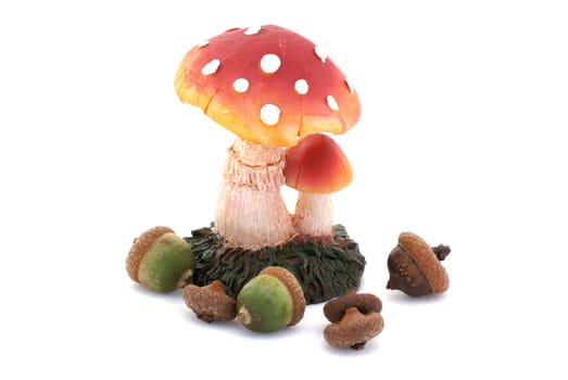 An autumn picture, nuts around a toadstool isolated on a white background.