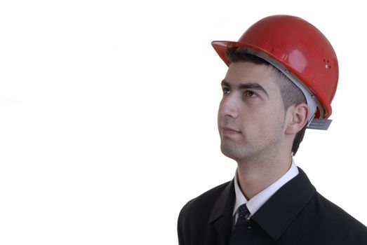 young worker with a helmet in a white background