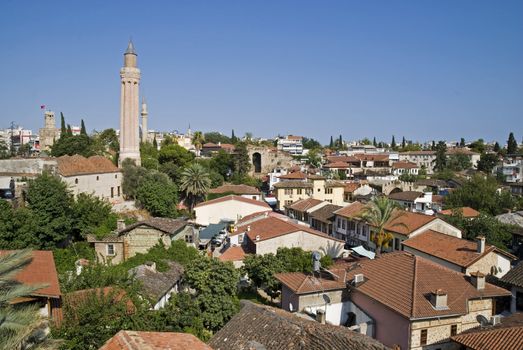 Rooftops of Old Town with covered Yivli Minare, Antalya, Turkey
