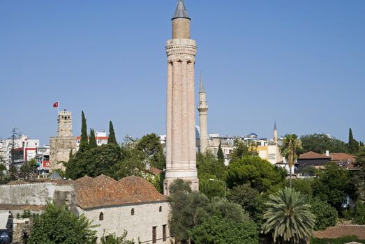 Rooftops of Old Town with covered Yivli Minare, Antalya, Turkey
