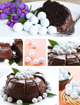 Combination image of easter egg cake and decorations
