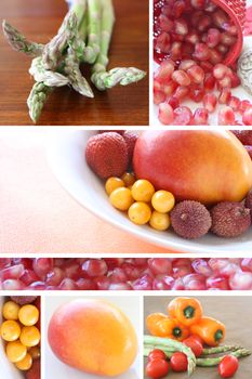 Combination image of raw fruits and vegetables