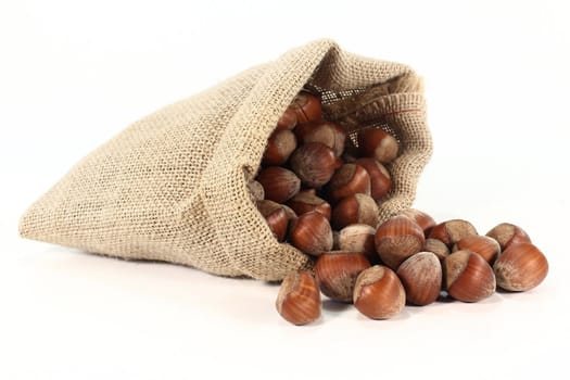 a burlap sack filled with hazelnuts