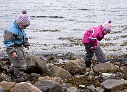 Children walking along the shoreline looking for treasures