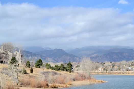 Quail Lake Park in Colorado Springs, Colorado at the front range of the Rocky Mountains.