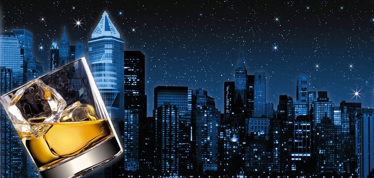 illustration of a glass of scotch with new-york as a background at night