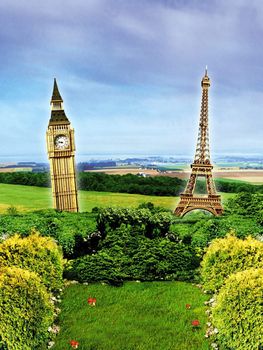 Big Ben and Eiffel Tower in the countryside