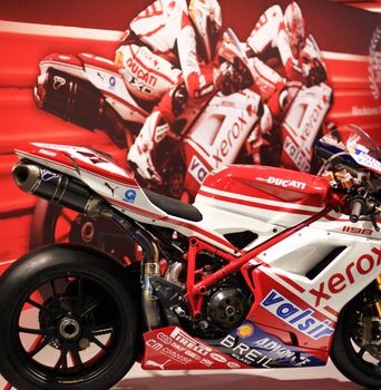 Ducati motorcycles in exhibition at EICMA, International Motorcycle Exhibition in Milan, Italy.