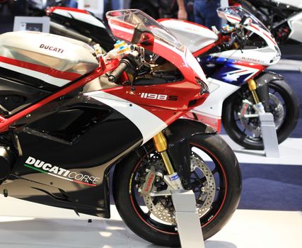 Ducati motorcycles in exhibition at EICMA, International Motorcycle Exhibition in Milan, Italy.