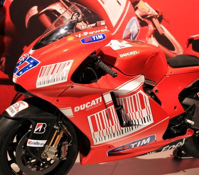 Ducati motorcycles in exhibition at EICMA, International Motorcycle Exhibition in Milan, Italy.