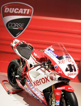 Ducati motorcycles in exhibition at EICMA, International Motorcycle Exhibition in Milan, Italy.