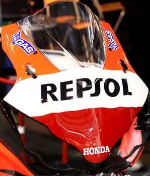 Honda Repsol motorcycle in exhibition at EICMA, International Motorcycle Exhibition in Milan, Italy.