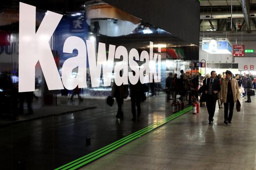 Kawasaki motorcycle area in exhibition at EICMA, International Motorcycle Exhibition in Milan, Italy.