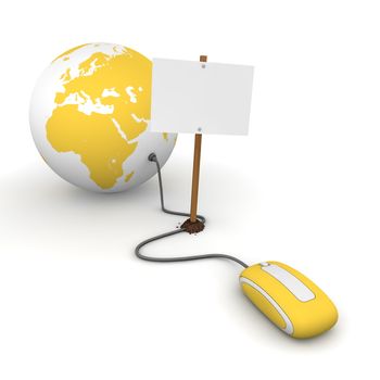 yellow computer mouse is connected to a yellow globe - surfing and browsing is blocked by a white rectangular sign that cuts the cable - empty template