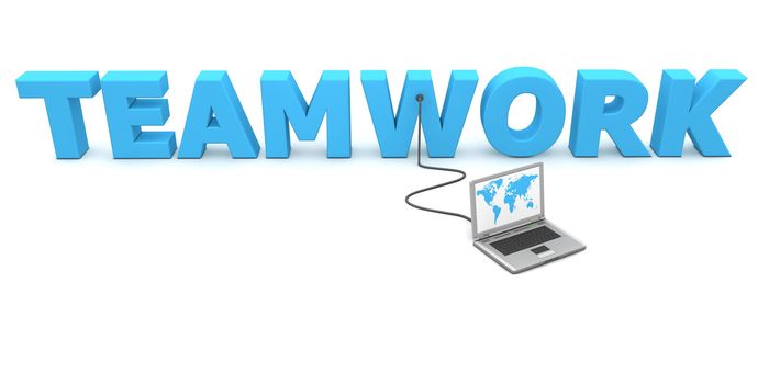 a laptop with a worldmap is connected to the 3D word TEAMWORK