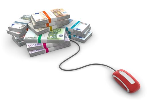 shiny red computer mouse is connected to a big pile of euro banknotes