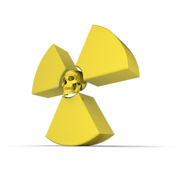 shiny 3d atomic/nuclear symbol made of a glossy yellow material - a human skull is replacing the middle dot
