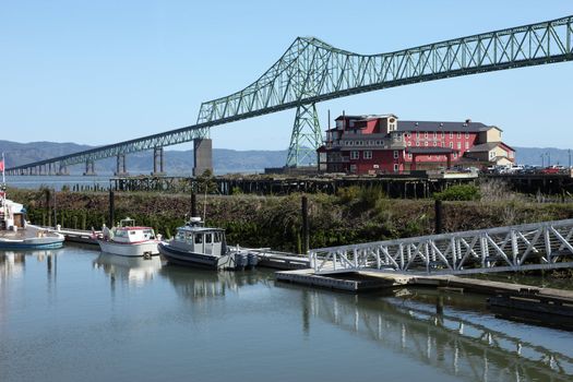 The Astoria bridge and old cannery hotel in Astoria Oregon.