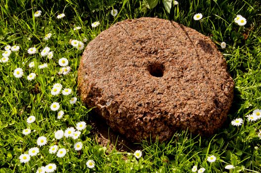 Millstone resting in flowery meadow. Ancient device for milling grain.