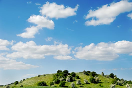 Landscape with hill, blue sky and clouds.