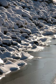 Rocks are covered with ice and snow