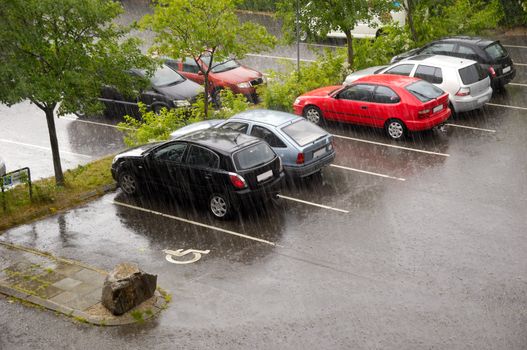 Parked cars in rain