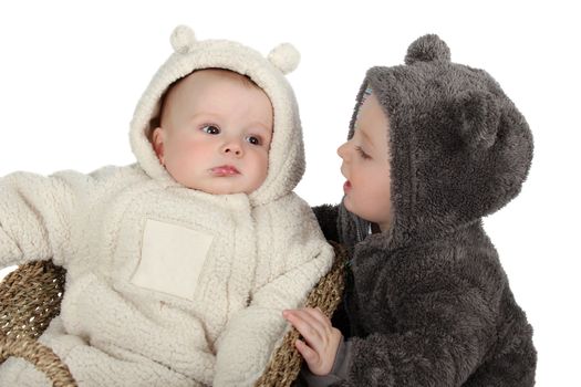 Two babies dressed in furry teddy bear suits
