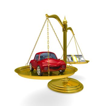 car and cashes on scales. Isolated 3D image