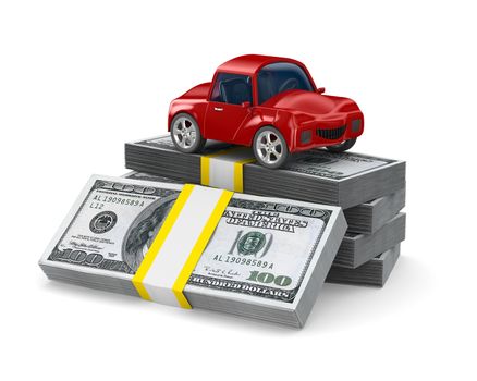 Red car on dollars. Isolated 3D image