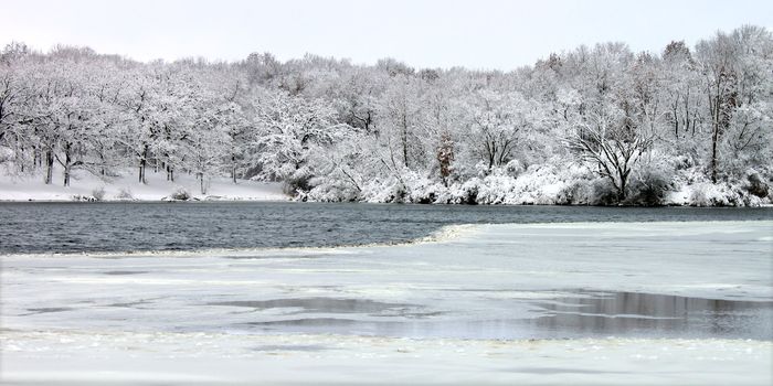 Freshly fallen snow on Pierce Lake at Rock Cut State Park - Illinois.