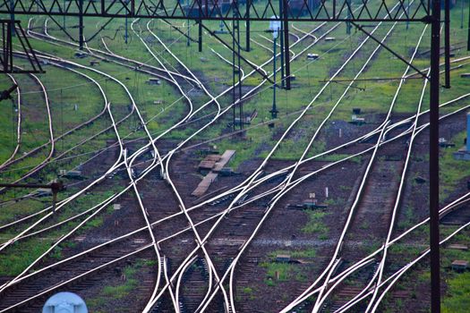 Aerial view of a railroad track junction
