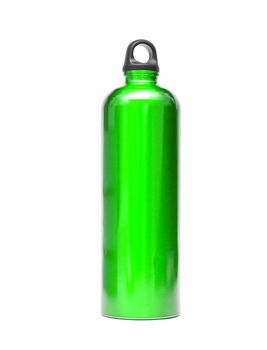 Green aluminum water bottle isolated on a white