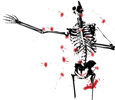 An illustrated black and white skeleton covered in blood.