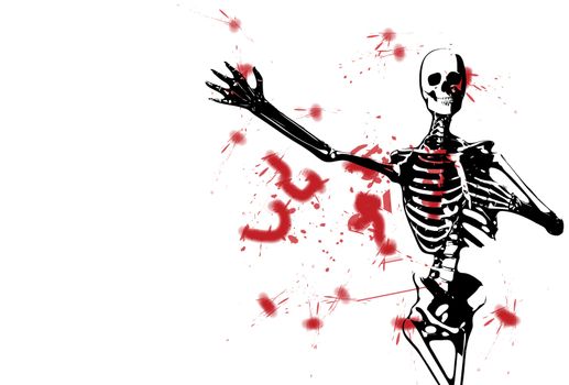 An illustrated black and white skeleton covered in blood.