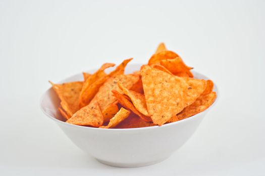 White with cheese flavored chips on a white background.