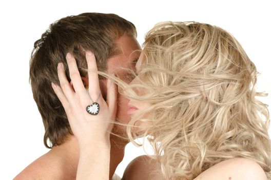 Kissing man and woman - lovers closeup portraits