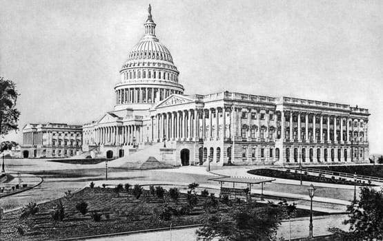 United States Capitol on engraving from 1892. Published in the Picturesque America by D.Appleton.