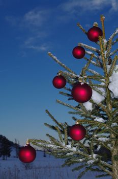 baubles  on a Christmas tree outside in a snowy landscape