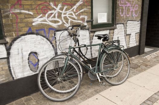 Bicycle near a city building, taken in Copengagen Denmark