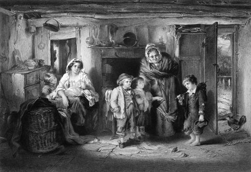 Poor orphan boy begs at cottage door on engraving from 1866. Engraved by P.Lightfoot after a painting by T.Faed.