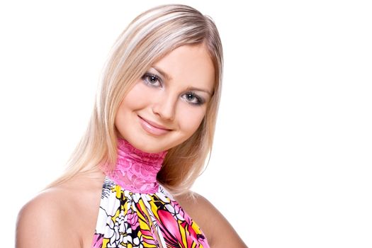 beautiful women in a colored dress on a white background