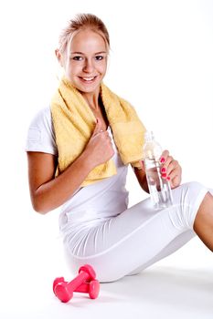 woman holding a bottle of water on a white background
