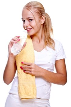 woman holding a bottle of water on a white background