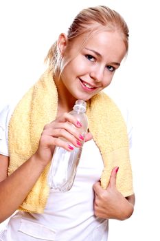 woman holding a bottle of water on a white background