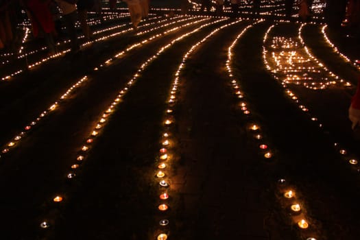 A beautiful arrangement made of traditional lamps on the occassion of Diwali festival in India.