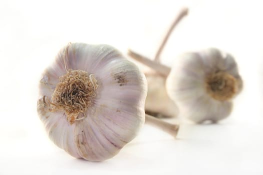 three fresh garlic tubers on a white background