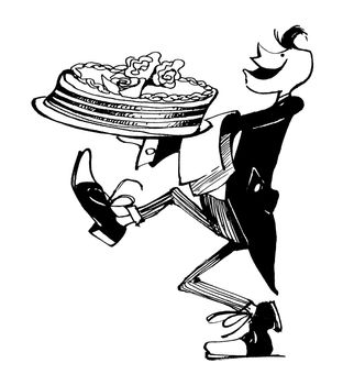 cartoon illustration of waiter serving big cake